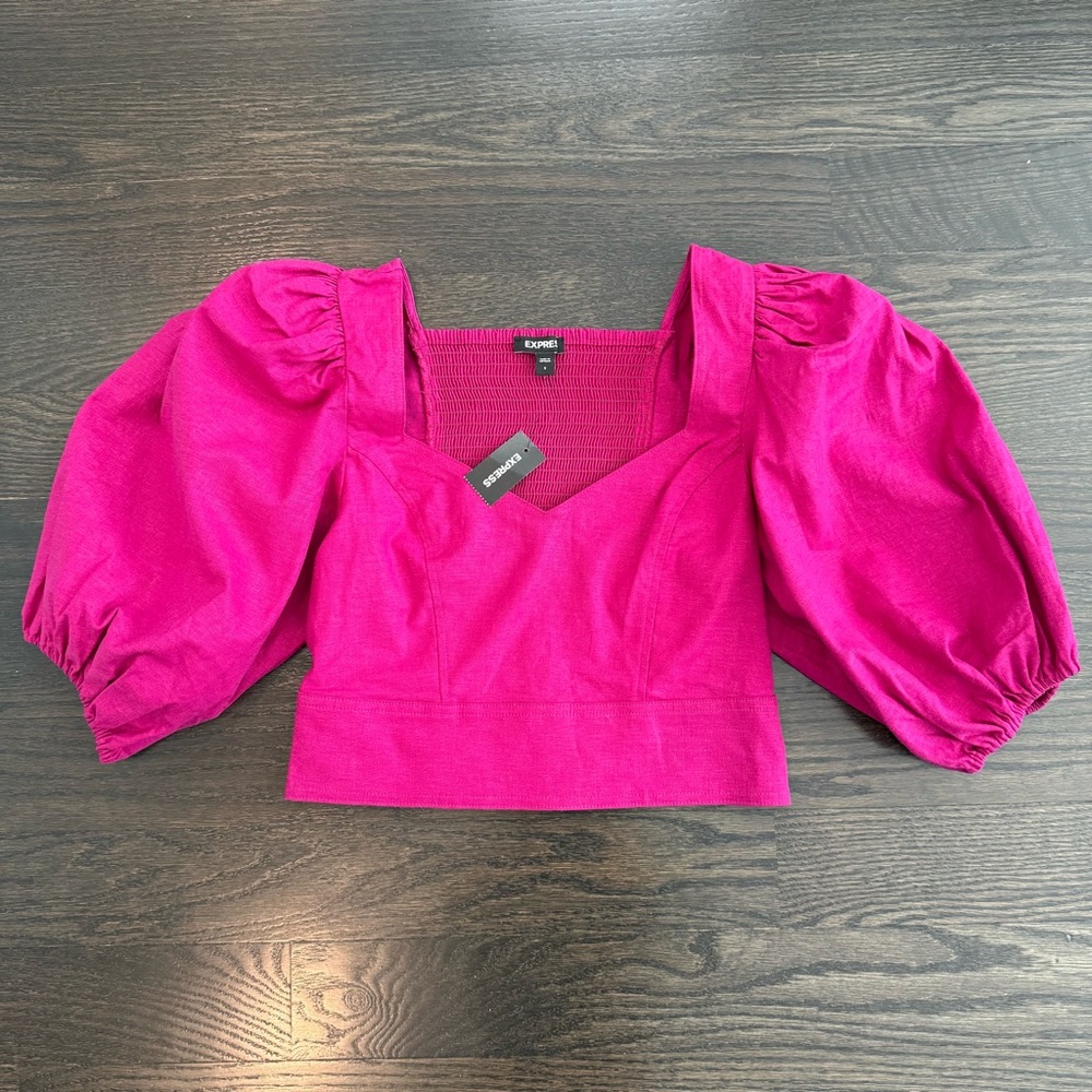 Express Fuchsia Puff-Sleeve Sweetheart Crop Top